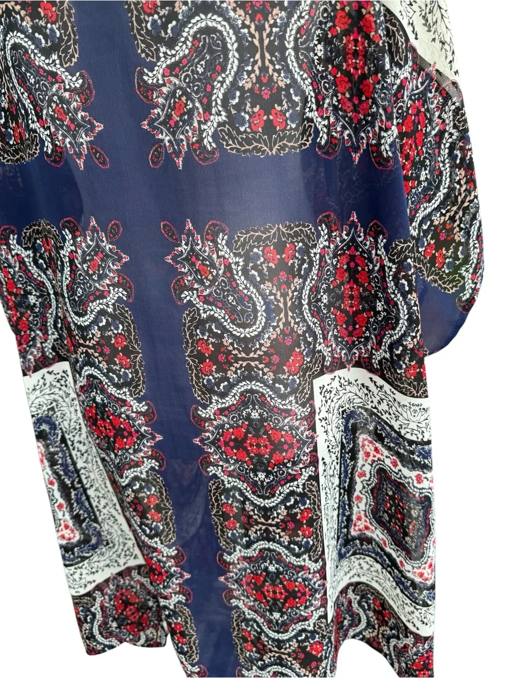 Maurice’s Boho Paisley Open Front Kimono Navy Red & Cream Layering Romantic L/XL